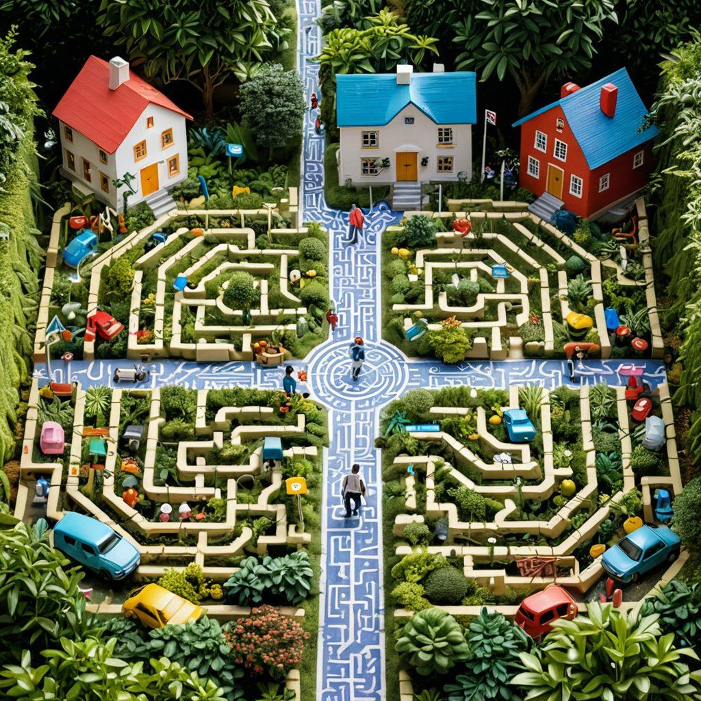 An intricate maze designed with various insurance icons like houses, cars, and health symbols scattered throughout. A perplexed person stands at the entrance, holding a guide, looking determined to find their way. Brightly colored signposts provide directions to 'Affordable Coverage' and 'Smart Solutions'. The maze is lush with greenery, symbolizing growth and hope in navigating insurance. vibrant colors. super-realistic.